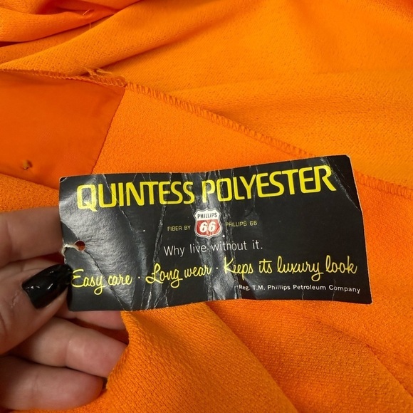 70s Bright Orange Quintess Polyester Dagger Collar Dress with Belt, Deadstock - Picture 6 of 11